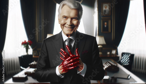 Elderly politician smiling kindly, yet his hands are stained with blood, symbolizing the dark side of politics