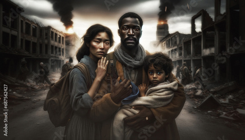 Multicultural family as they escape the ruins of a city devastated by war © VIDEOHOBOS