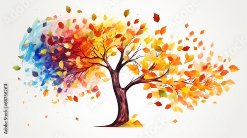 a vibrant tree with leaves transitioning through the seasons, displaying a dazzling display of red, orange, and yellow foliage, conveying the cycle of life and change in nature.