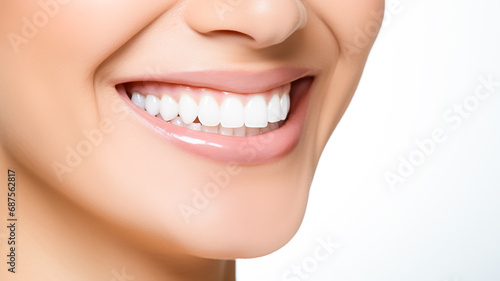 Perfect healthy teeth smile of young woman. Teeth whitening. Dental clinic patient. Beautiful smile and white teeth of a young woman. Ideal for dental banner. Copy space.