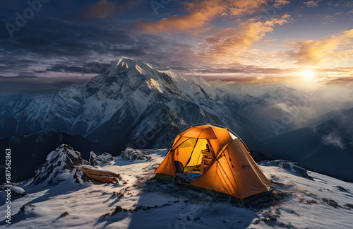 camping tent in the snowy mountain top scene