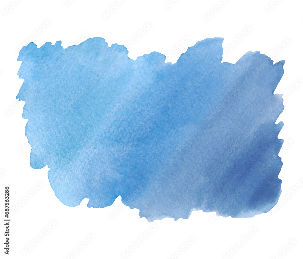 Abstract watercolor blue background isolated on white, hand-drawn. Textural brush strokes on paper. An element for design and decoration with a place for text. A watercolor stain with a gradient.