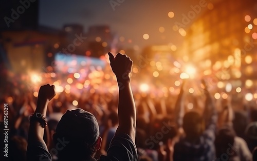 The image focuses on a hand holding a microphone in the scene of a concert background with bokeh light.