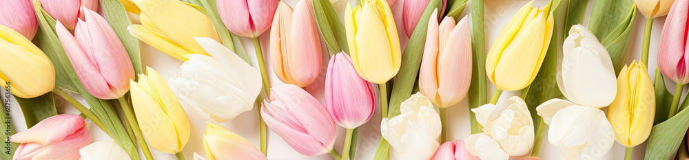An arrangement of pastel tulips in soft yellows, pinks, and whites, creating a border around the image with copy space An arrangement of pastel tulips in soft yellows, pinks, and whites, creating a border around the image with copy space