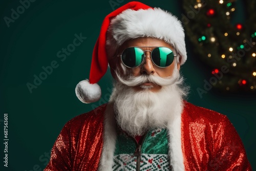 Photo of cool confident man dressed white christmas costume dark glasses preparing for party fashionable santa claus isolated green color background