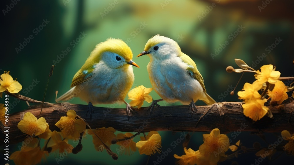 Small white birds perched on a stick amid flowers in the exotic style.
