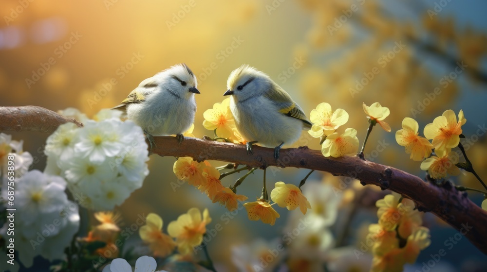 Small white birds perched on a stick amid flowers in the exotic style. Small white birds perched on a stick amid flowers in the exotic style.