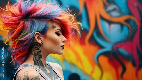 Artistic Rebellion: Graffiti Explosion with Bold Woman and Multicolored Hair