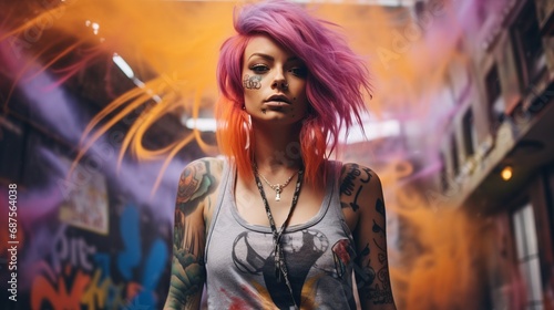 Artistic Rebellion: Graffiti Explosion with Bold Woman and Multicolored Hair