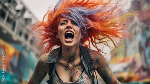 Artistic Rebellion: Graffiti Explosion with Bold Woman and Multicolored Hair © Kristian