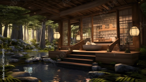 A tranquil spa nestled in a lush forest