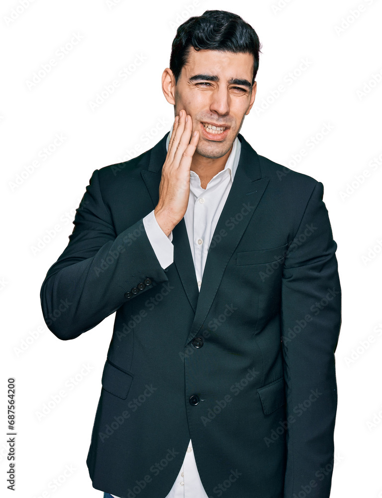 Handsome hispanic man wearing business clothes touching mouth with hand with painful expression because of toothache or dental illness on teeth. dentist Handsome hispanic man wearing business clothes touching mouth with hand with painful expression because of toothache or dental illness on teeth. dentist