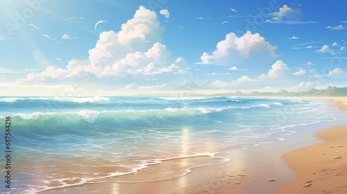 A sun-drenched summer beach scene with golden sands and gentle waves