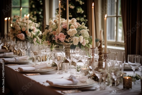 Elegance Unveiled: Enchanting Wedding Reception Hall with Lush Florals and Sparkling Chandelier