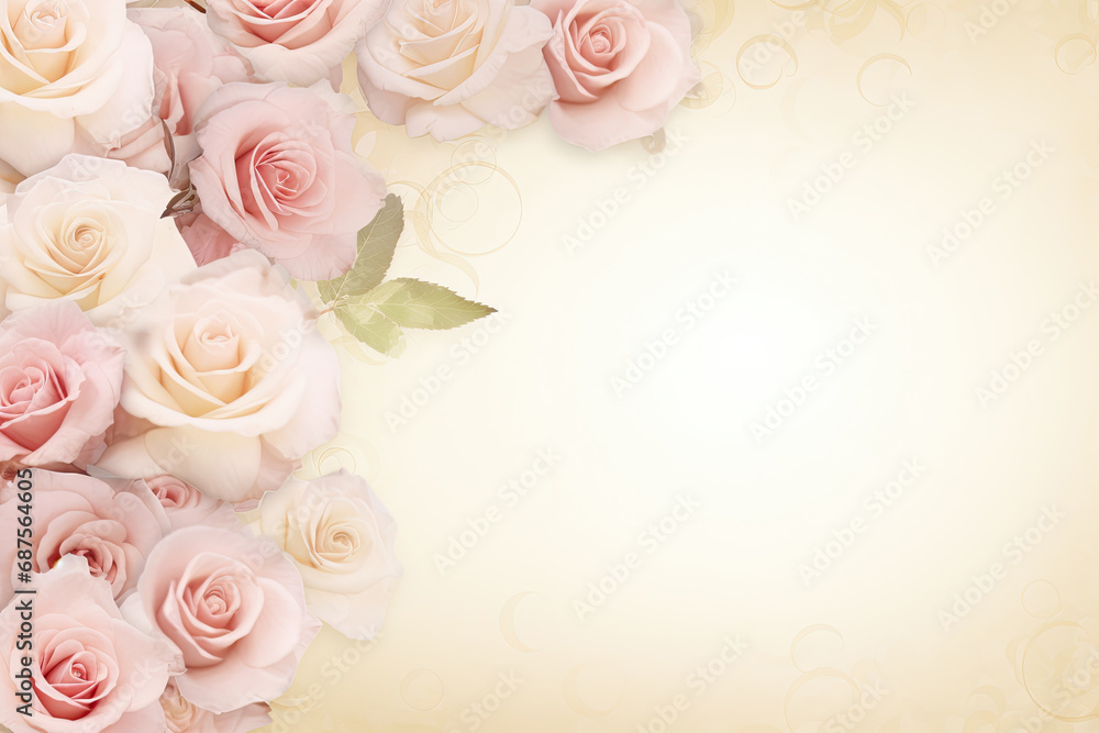 A border of soft pastel roses in delicate shades of pink and cream, framing the edges of the image with copy space