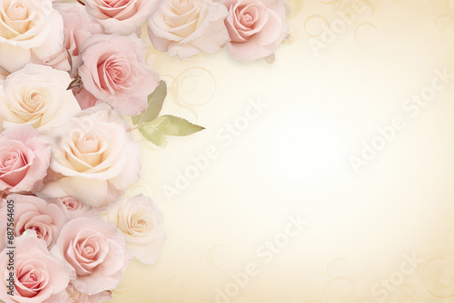 A border of soft pastel roses in delicate shades of pink and cream, framing the edges of the image with copy space #687564605