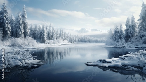 A tranquil winter scene with a frozen lake surrounded by snow-dusted trees