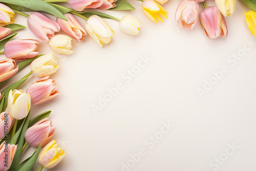 An arrangement of pastel tulips in soft yellows, pinks, and whites, creating a border around the image with copy space #687564861