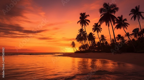 A tropical beach at sunset with palm trees silhouetted against the fiery sky