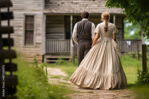 Couple in vintage attire walks together. Concept of historical romance. photo