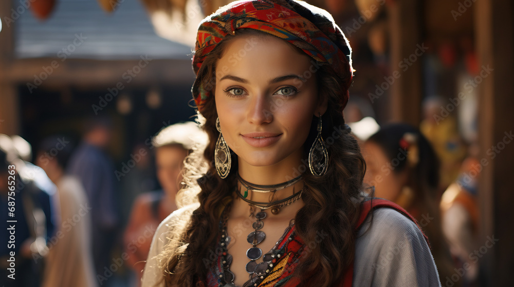 Woman in Headdress and Traditional Clothing: Embracing the Essence of an Ancient Land. Concept of Cultural Heritage, Timeless Beauty, and Connection to Historical Roots. Woman in Headdress and Traditional Clothing: Embracing the Essence of an Ancient Land. Concept of Cultural Heritage, Timeless Beauty, and Connection to Historical Roots.