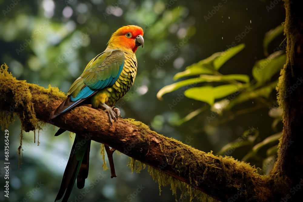 colorful parrot sitting on mossy branch in the forest colorful parrot sitting on mossy branch in the forest