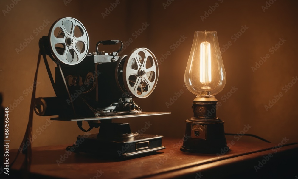 Vintage movie projector and light bulb on wooden table. Retro cinema concept