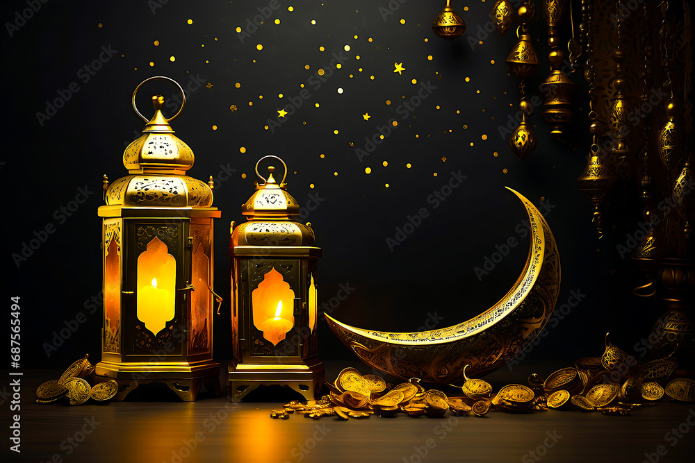 Ramadan Arabian relics a lantern and a golden crescent moon on a dark background with golden stars Ramadan Arabian relics a lantern and a golden crescent moon on a dark background with golden stars