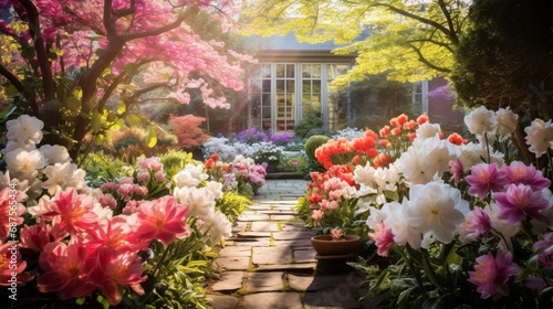 A vibrant spring garden bursting with blooming flowers and lush greenery