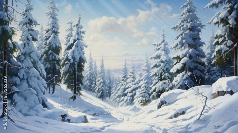 A winter forest scene with towering pines laden with heavy snow