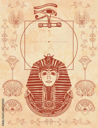 Pharaoh. Ancient Egypt vertical background. Egyptian frame. Old paper vector. Cover page template