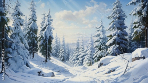 A winter forest scene with towering pines laden with heavy snow © rojar deved