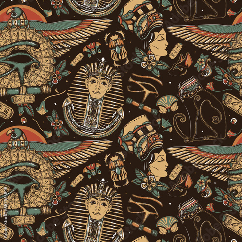 Ancient Egypt. Vintage seamless pattern. Egyptian civilization background. Golden pharaoh, eagle, black cats, queen Cleopatra, eye Horus. Old history art