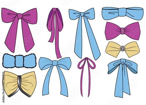 Bow knot and tie ups flat sketch vector illustrator. Set of sash bow knot for dress, waist band and clothing embellishments cad drawing template, Ribbon and satin bow knot drawing