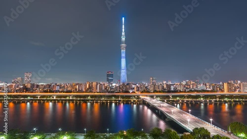 Aerial view time lapse 4k Video of Tokyo sky tree and Tokyo city at night at Tokyo, Japan. 