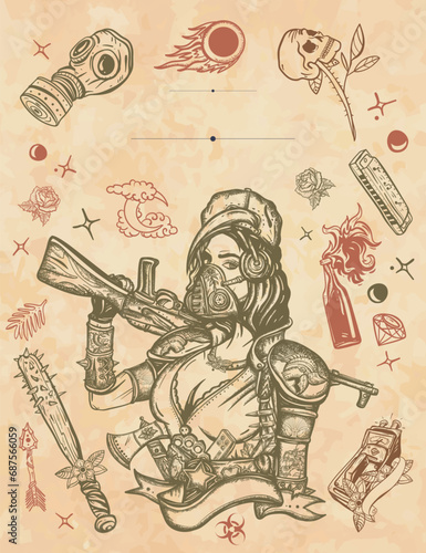 Post apocalypse vertical background. Soldier woman in gas mask. Game art frame. Old paper vector. Cover page template