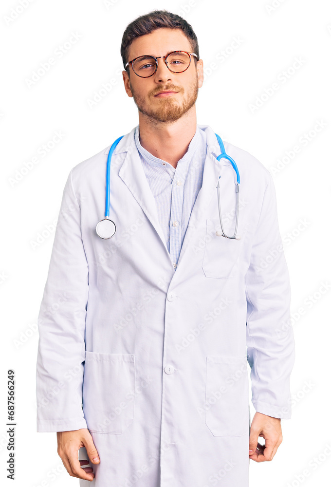 Handsome young man with bear wearing doctor uniform relaxed with serious expression on face. simple and natural looking at the camera. Handsome young man with bear wearing doctor uniform relaxed with serious expression on face. simple and natural looking at the camera.