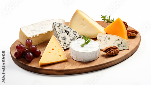 Rustic wooden cutting board displaying various types of artisanal cheese against a white backdrop