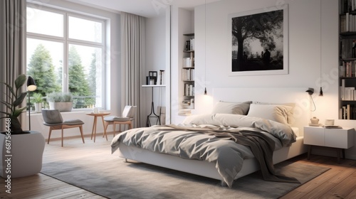 Generative AI image of Scandinavian interior design of modern bedroom © Eitan Baron