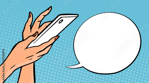 Woman with a smartphone and talking bubble. Hands closeup. Searching for information, shopping online. The concept of caring for the environment. Cartoon vector illustration. Pop art hand drawn