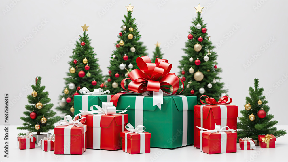 A Festive Array of Colorful Presents Surrounding Christmas Trees