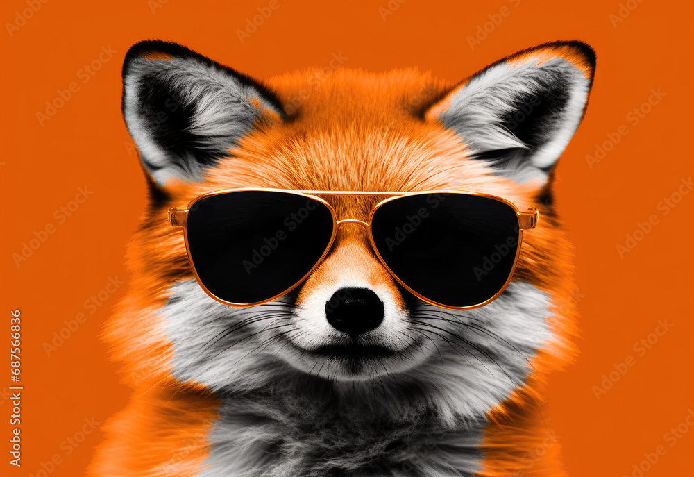 Close-up of a fox in glasses. Portrait of a fox. Anthopomorphic creature. A fictional character for advertising and marketing. Humorous character for graphic design. Close-up of a fox in glasses. Portrait of a fox. Anthopomorphic creature. A fictional character for advertising and marketing. Humorous character for graphic design.