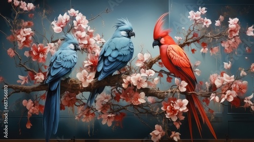 Vibrant Tropical Forest Wallpaper Mural with Jungle Leaves, Parrots, Birds, and Butterflies