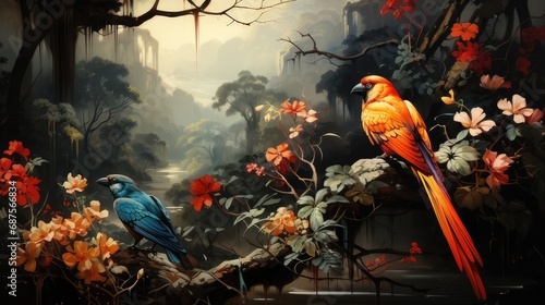 Vibrant Tropical Forest Wallpaper Mural with Jungle Leaves, Parrots, Birds, and Butterflies