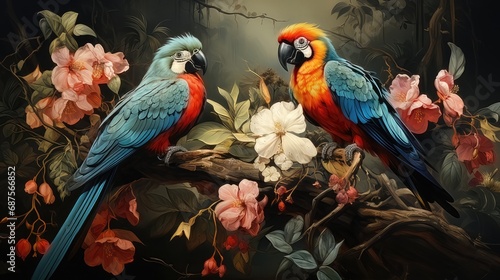 Vibrant Tropical Forest Wallpaper Mural with Jungle Leaves, Parrots, Birds, and Butterflies