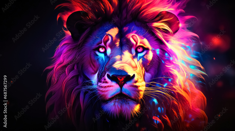 Lion with multicolored lights on a black background. Fantasy illustration.