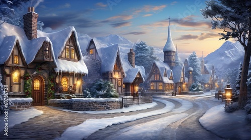 A winter village with charming cottages dusted with snow and twinkling holiday lights