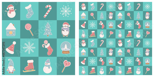 Seamless pattern with christmas elements on checkered background