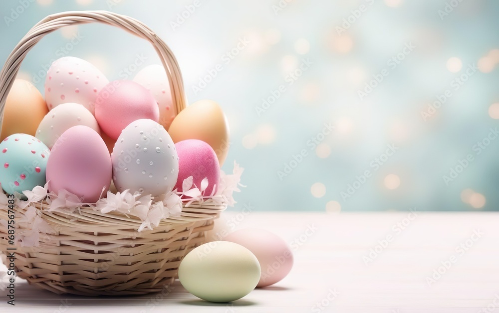 Decorative Easter eggs in a basket on the table, pastel colors, blurred background. Bokeh, de focus, copy space. Spring design for banners, posters, greeting cards, invitations. AI Generative