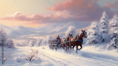 A winter wonderland with a horse-drawn sleigh gliding through a snow-covered landscape